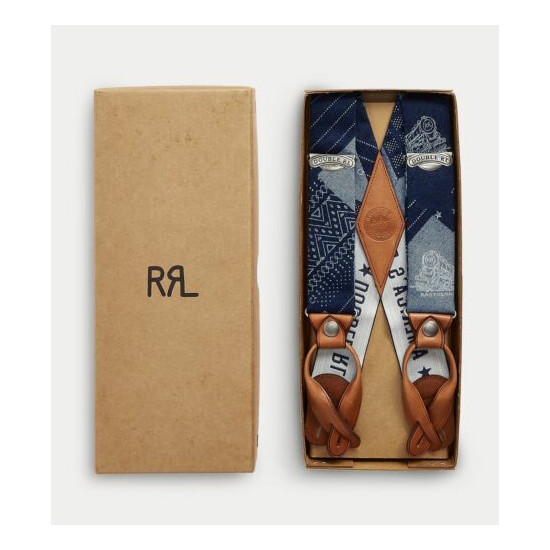 RRL Ralph Lauren Japanese Indigo Cotton Patchwork Print Braces Suspenders image {2}