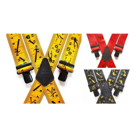 Mens Tape Measure Braces Heavy Duty 1.5" or 2" Red Black Yellow Work Black Clips image {1}