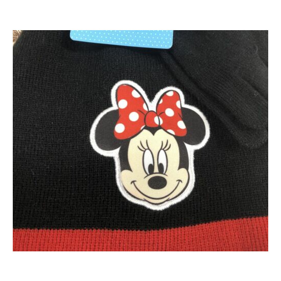 New Girls Child Size Black & Red Disney Minnie Mouse Beanie Hat and Gloves Set image {2}