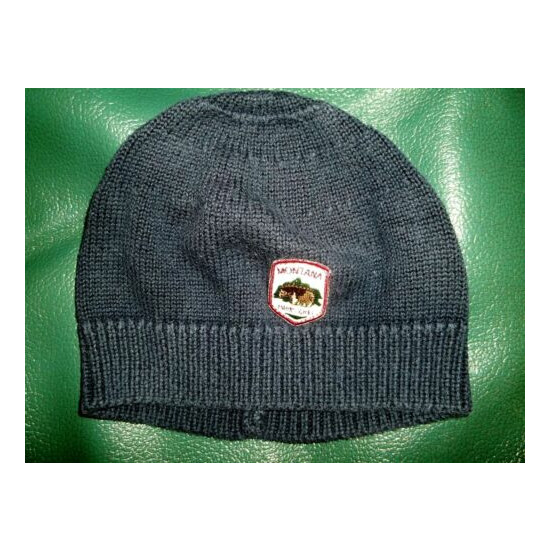 6-12 month boys navy blue knit winter hat with MONTANA PARKS emblem image {1}