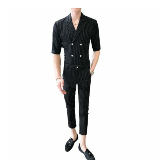 Men 2PCS Suit Striped Slim Fit Tights Pants Lapel Shirt Party Nightclub Blazer L image {1}