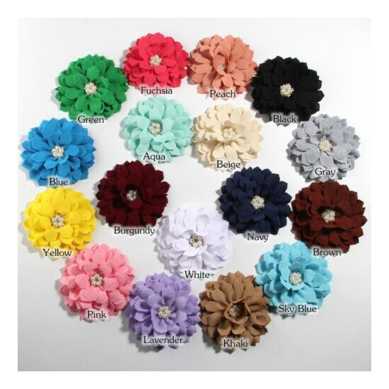  10PCS 4.1" Fabric Flowers Pearl Rhinestone Hair Accessories Flower Headband image {2}