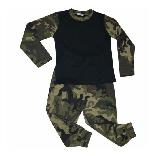 Kids Girls Boys Pjs Contrast Camouflage Green Plain Stylish Pyjamas Set 2-13 Yr image {1}