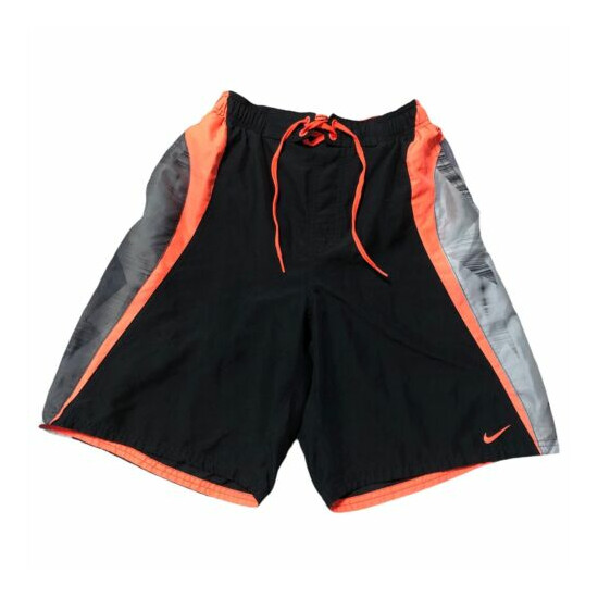 Nike Men’s Small Swim Trunks Mesh Built In Brief Orange Black Gray drawstring image {1}
