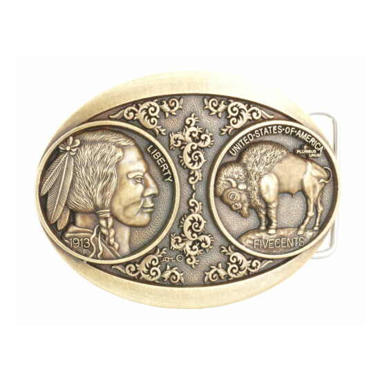 5 Cents Buffalo Indian Nickel Western Bronze Plated Metal Belt Buckle image {1}