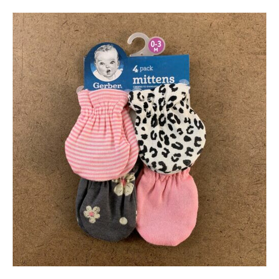 Gerber Baby Size 0-3 Months Pink Printed Mittens 4 Pack NWT image {1}