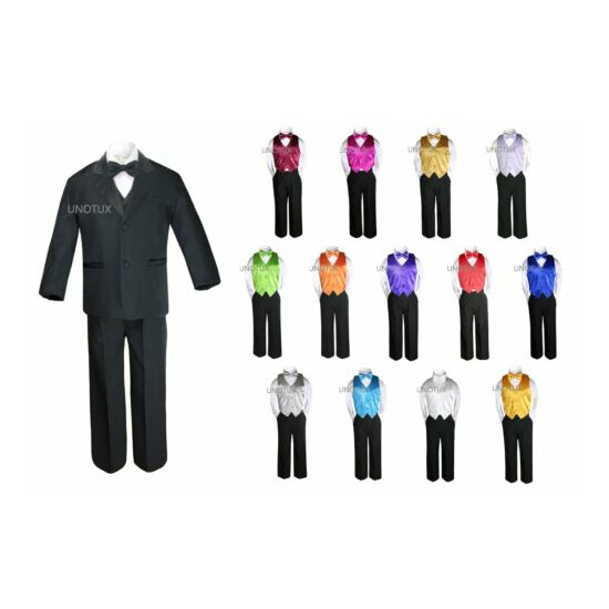 7pc Baby Kid Teen Boy Formal Black Suit Tuxedo + 14 Color Pick Vest Bow Tie S-20 image {1}