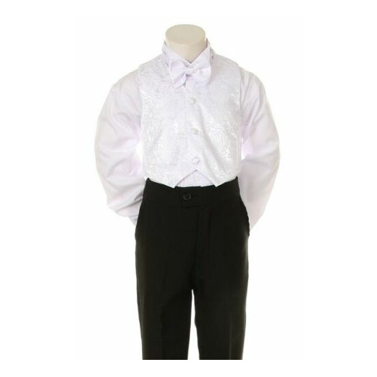 Infant Toddler Boy Formal Tuxedo black/wht vest brocade 5 pc Suit set size S-20 image {3}