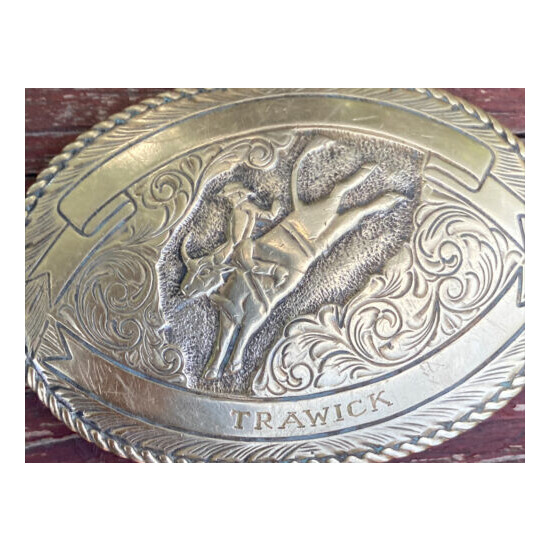 VTG Crumrine El Arturo Bronze Engraved Rodeo Cowboy Bull Riding Buckle TRAWICK Thumb {2}