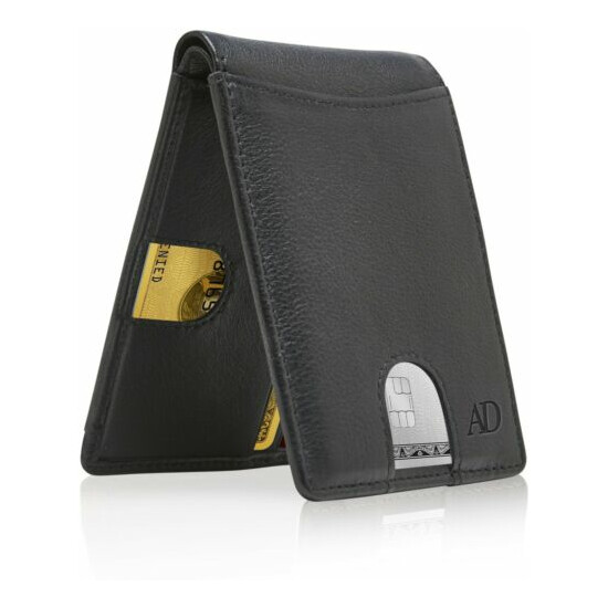 Leather Slim Wallets For Men Minimalist Bifold Mens Wallet With Pull Strap RFID image {1}