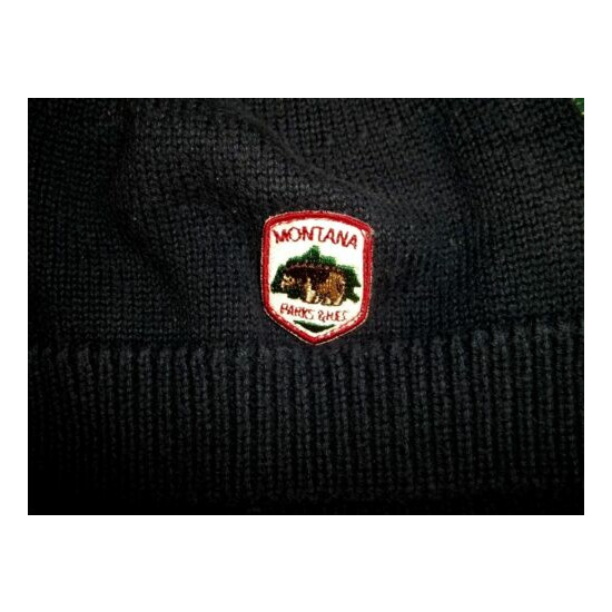 6-12 month boys navy blue knit winter hat with MONTANA PARKS emblem image {2}