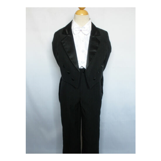 Infant Toddler Boy Formal Tuxedo black/wht vest brocade 5 pc Suit set size S-20 image {8}