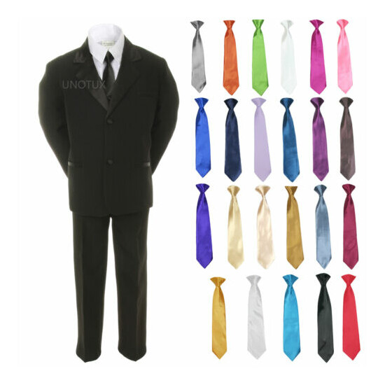 6pc Baby Toddler Boys Formal Wedding Black Suit Tuxedo + Extra Color Necktie S-7 image {1}
