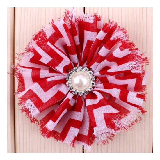 50pcs 3.6" Chiffon Fuzzy Edge Shabby Flower For Girls Striped Leopard With Pearl image {2}