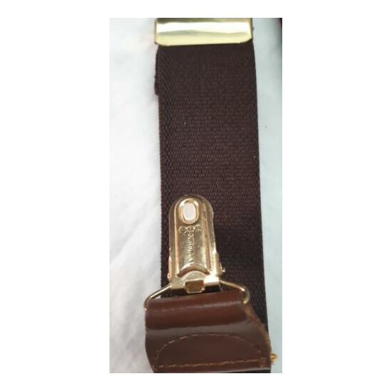 VTG PELICAN USA dark brown solid suspenders brass clips EUC image {3}
