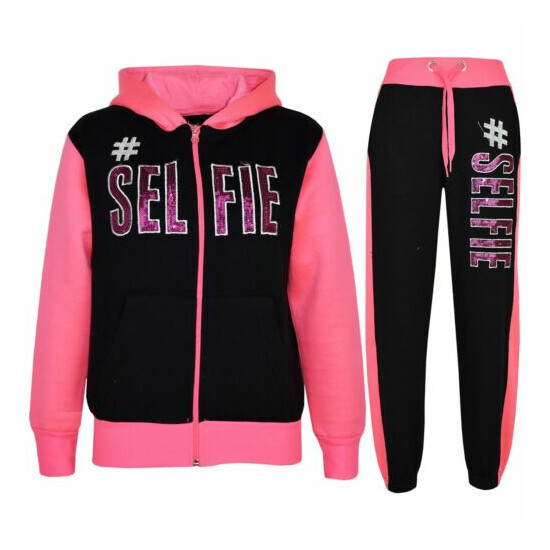 Kids #SELFIE Black & Neon Pink Tracksuit Sequin Embroidered Hoodie Joggers Girls image {1}