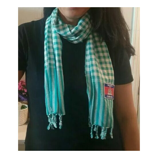 Cambodian Scarf, Traditional Khmer Scarves, Ankor Wat White/Turquoise image {1}