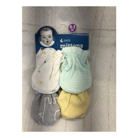 New Gerber 4 Pack Baby Scratch Mittens Gloves 0-3 Months Unisex Green Yello Gray image {1}
