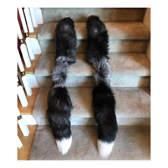 Canadian Natural Fox Tail Fur Mufflers Wrap, Black Gray White Tipped 48" Long image {2}
