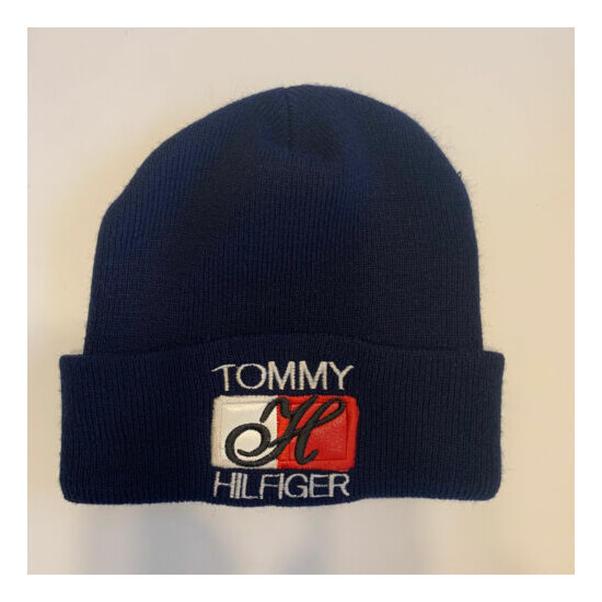 VTG Tommy H Hilfiger USA Red White Blue Gold Beanie Hat 90s One Size image {1}