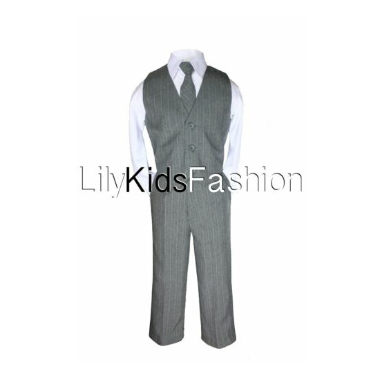 Baby Toddler Boy 4 PC Gray Khaki Vest Set Pinstripe Formal Wedding Tuxedo Suit  image {3}