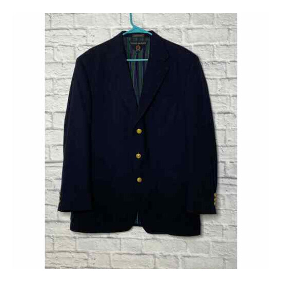 VTG Tommy Hilfiger Black Wool Blend Three Button Lined Suit Jacket Size 42L USA image {1}