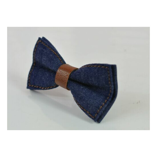 Boy Kids Navy Blue Denim Brown Faux Leather Bow tie + Brown Leather Suspenders image {4}