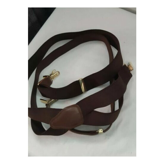 VTG PELICAN USA dark brown solid suspenders brass clips EUC image {2}