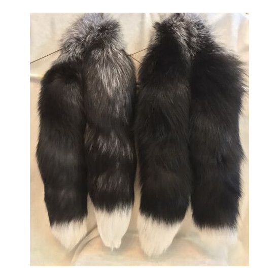 Canadian Natural Fox Tail Fur Mufflers Wrap, Black Gray White Tipped 48" Long image {1}