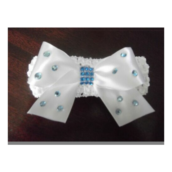 White Baby / Girls / school Crochet Romany Bling Headband with blue gems onesize image {1}