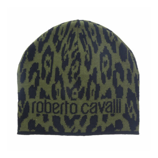 Roberto Cavalli ESZ026 D0491 Black/Military Green Jaguar Beanie Hat image {1}