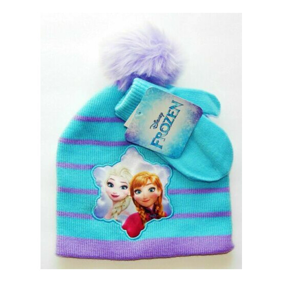 Disney Frozen Anna Elsa Knit Winter Beanie Hat & Mittens Set w/ Pom-Pom Toddler  image {1}
