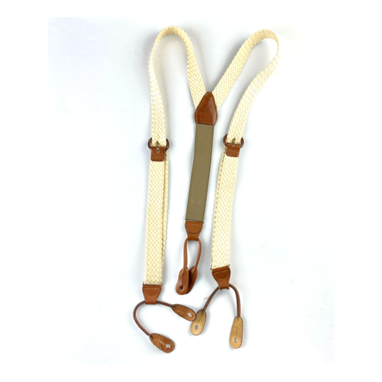 Vintage Cream Braided Fabric Leather Suspenders Button Braces image {1}