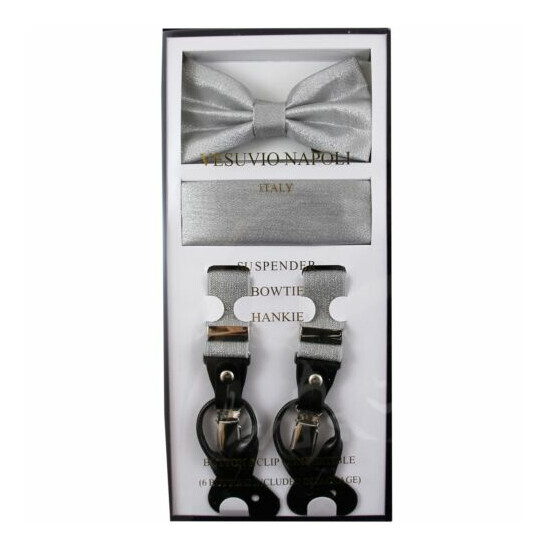 New in box Convertible Elastic Suspender_Bow tie & Hankie Silver glitter formal image {3}