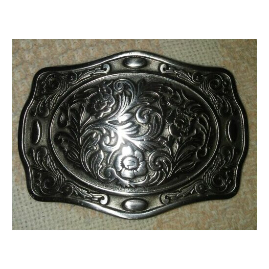 Cool Pewter Belt Buckle Floral Scroll Design Great American Products USA 2003 image {1}