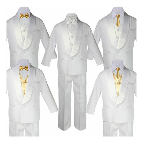 Baby Teen White Satin Shawl Lapel Suits Tuxedo MUSTARD Satin Bow Necktie Vest image {1}