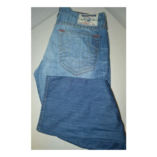 True Religion Men's Straight Distressed No Pocket Flaps Blue Jeans Sz 36x34 image {1}