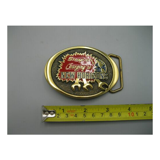 Vintage Snap On Tools Charging to New Horizons Belt Buckle - Solid Brass - BTS image {3}
