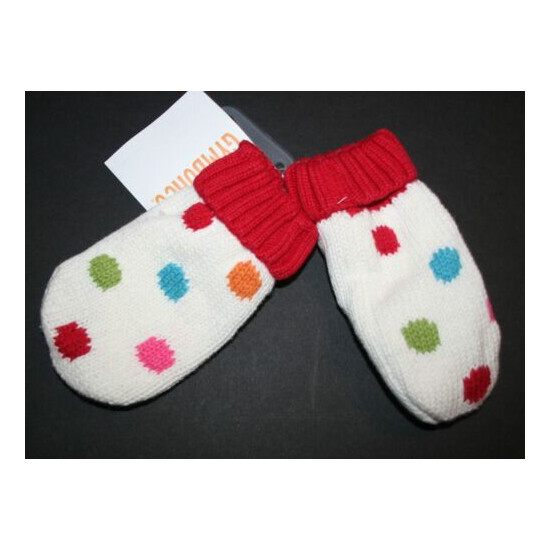 New Gymboree Girls Baby 0-12m Mittens Infant Cozy Knit Ivory Polka Dots Red Whit image {1}