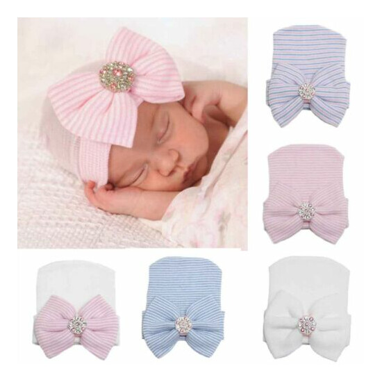 Baby Girl Boy Striped Bow Cap Infant Headband Hospital Newborn Comfy Soft Beanie image {3}