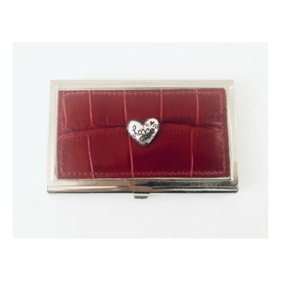 Vintage Red Leather Stainless Steel Business Card Holder Clasp Slim Design Heart image {1}