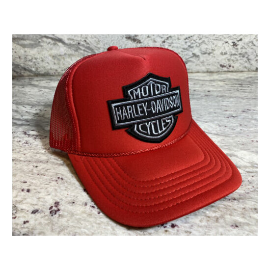 NEW HARLEY DAVIDSON RED CAP HAT 5 PANEL HIGH CROWN TRUCKER SNAPBACK VINTAGE image {1}