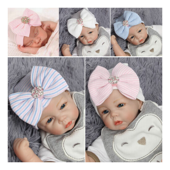 Baby Girl Boy Striped Bow Cap Infant Headband Hospital Newborn Comfy Soft Beanie image {1}