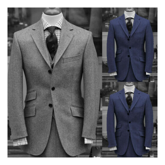 Men's Gray Blue Wool Suits Formal Wedding Groom Best Man Business Tuxedos Suits image {2}