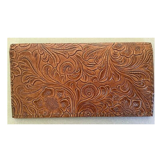 CHESTNUT SADDLE TAN WESTERN FLORAL LEATHER CHECKBOOK COVER FREE SHIP image {1}