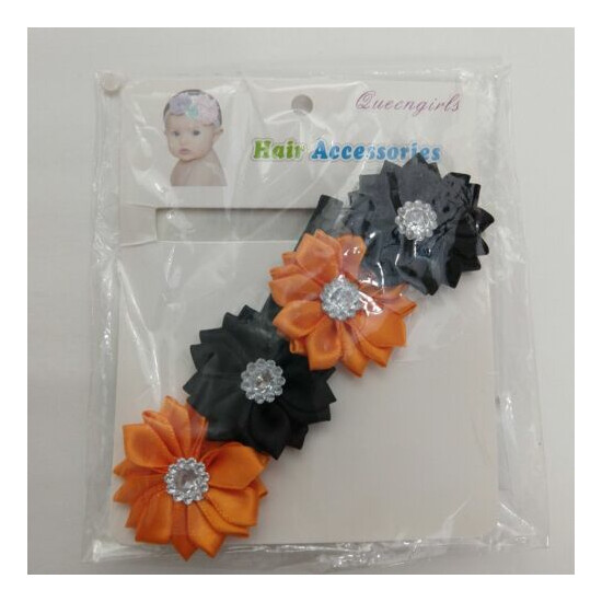 Baby Infant Halloween Hair Bow headband elastic Black And Orange image {2}