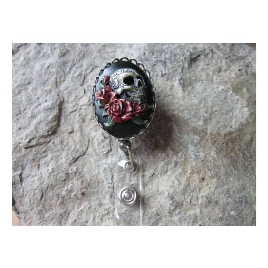 Skull and Roses Hand Painted Cameo ID Badge Holder - Lanyard - Goth - Red/Green image {2}