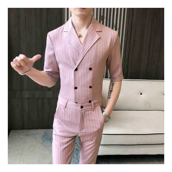 Men 2PCS Suit Striped Slim Fit Tights Pants Lapel Shirt Party Nightclub Blazer L image {7}