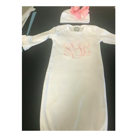 Monogrammed Personalized Baby Girl Gown and Cap with Bow or Headband image {1}