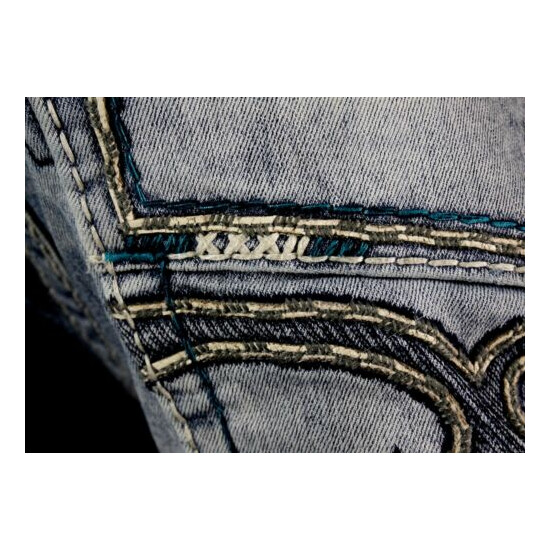 $220 Mens Rock Revival Jeans "Destin" Teal Stitch Leather Inserts Shorts 34 image {4}